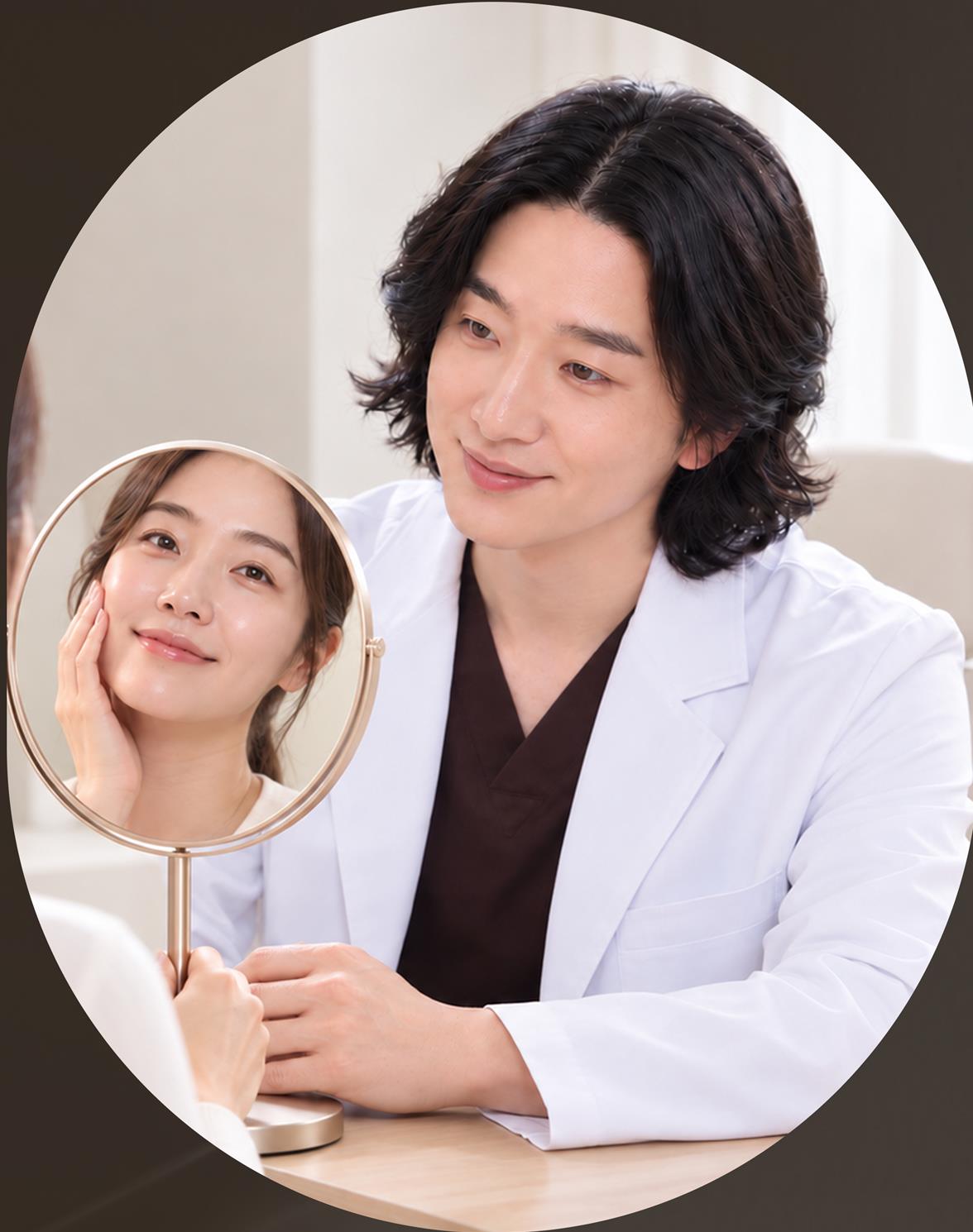 의료진이 환자와 함께 거울로 피부를 살펴보는 모습